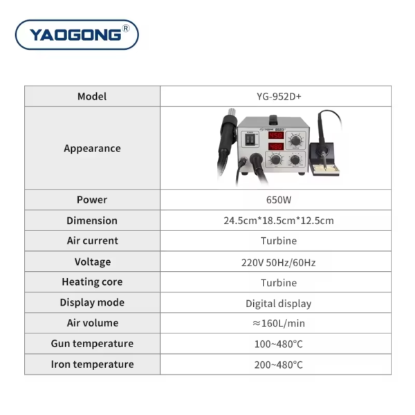 Yaogong 952D+ 2 in 1 SMD Rework Station & Soldering iron Station Double Feature Hot Air Gun Solder Welding Machine - Image 6