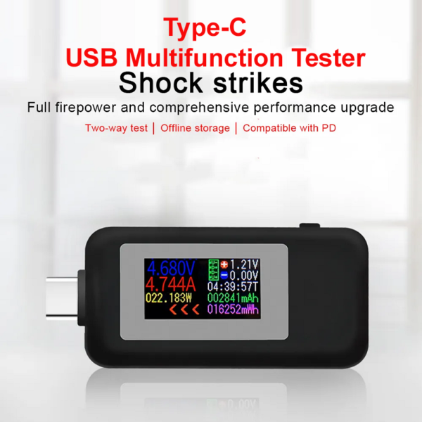 Type-C USB Tester Current 4-30V USB-C Voltage Current Tester Timing Ammeter 10 in 1 USB-C Charging Cable Color screen USB Tester