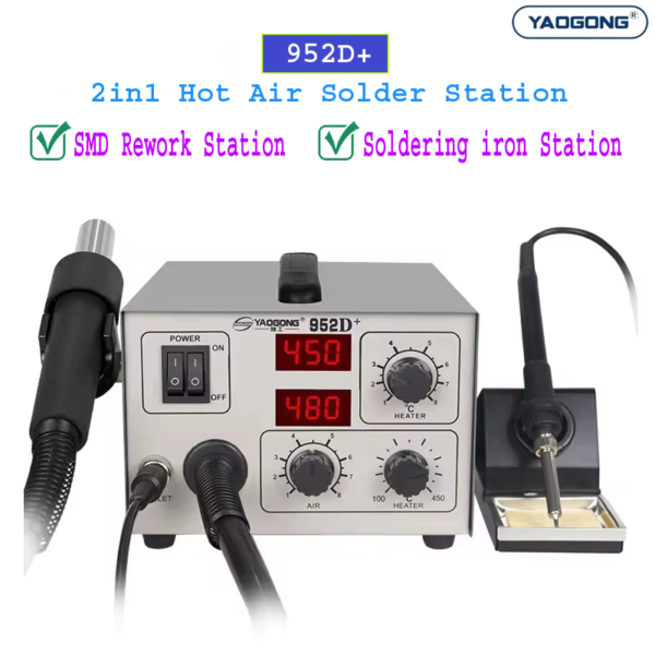 Yaogong 952D+ 2 in 1 SMD Rework Station & Soldering iron Station Double Feature Hot Air Gun Solder Welding Machine