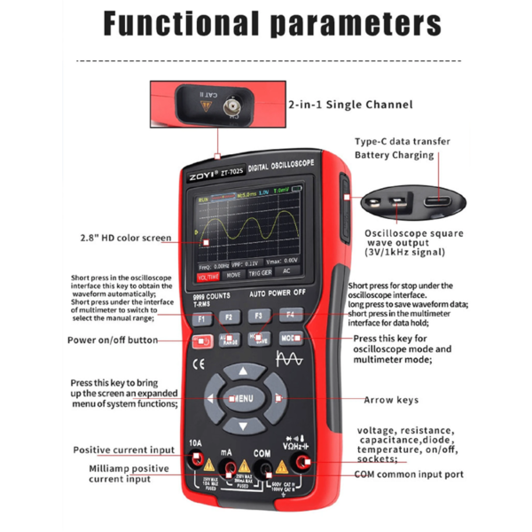 ZOYI ZT-702S Digital Oscilloscope Multimeter Tester Single Channel 10MHz Bandwidth Sampling Rate 200/280Msa/s Function Signal Generator - Image 3