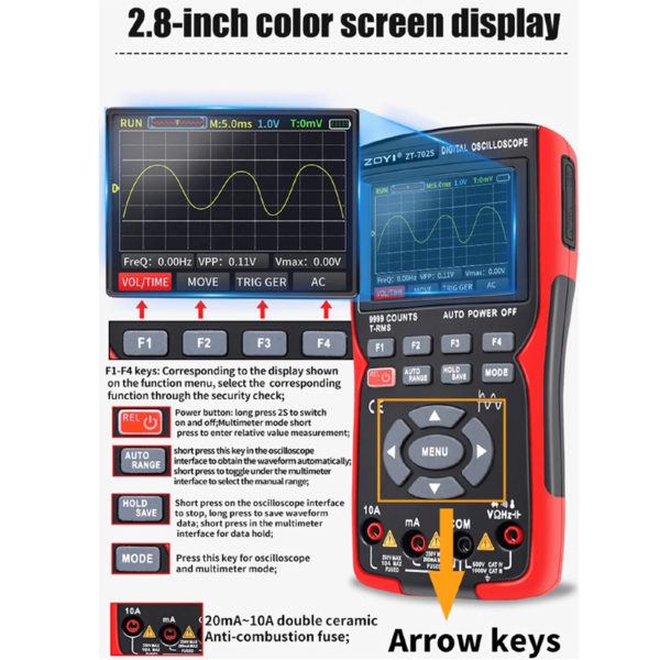 ZOYI ZT-702S Digital Oscilloscope Multimeter Tester Single Channel 10MHz Bandwidth Sampling Rate 200/280Msa/s Function Signal Generator - Image 4