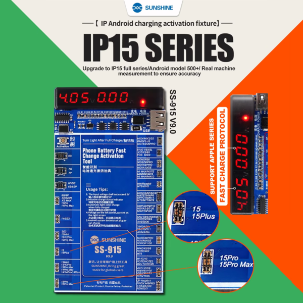 Sunshine SS915 V9.0 Quick Battery Charging Activation Board Test Fixture For iPhone 15 Series & Android