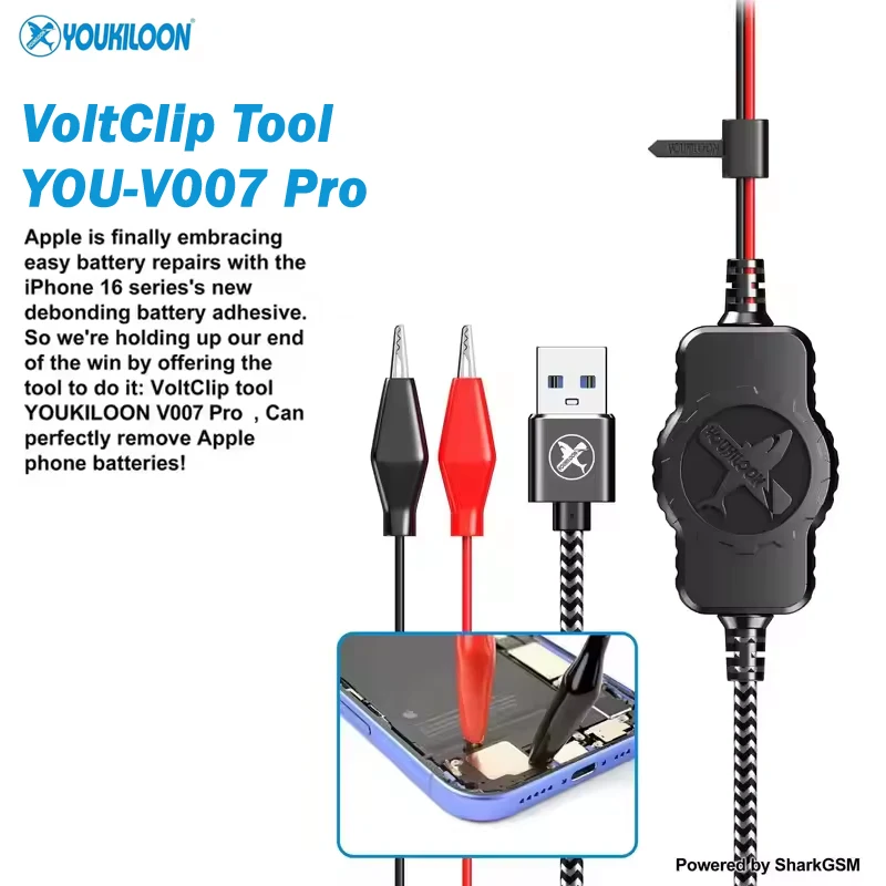 Youkiloon YOU-V007 Pro Battery Crocodile Clip With USB Port For iPhone 16/16Plus Battery Adhesive Strap Removal Cable