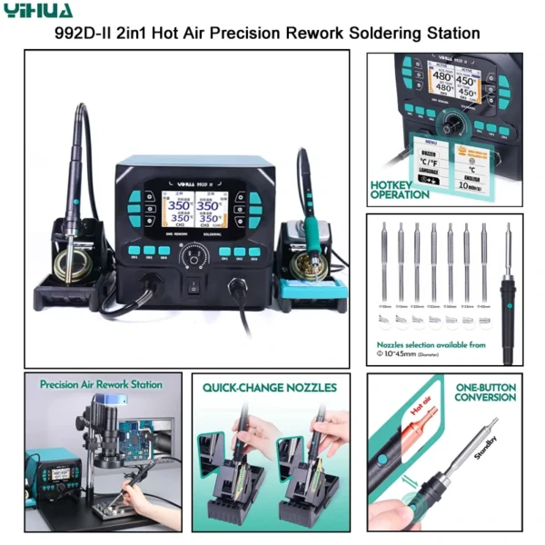 Yihua 992D-II 2 in1 Nano Hot Tool Pencil Hot Air Precision Rework Soldering Station and C210 Solder with Dynamic LCD Display Soldering Iron - Image 7